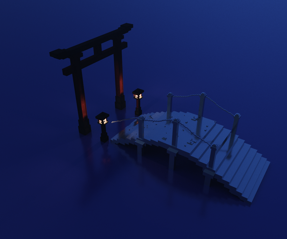 Lanterns with the bridge and the Torii gate in a low lighting setup.